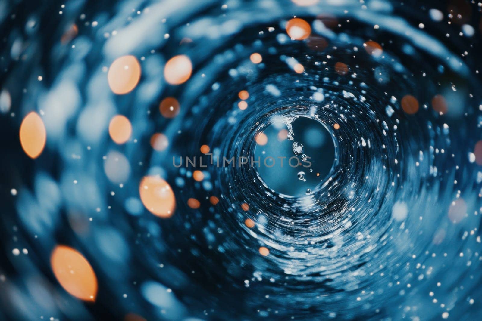 Water spirals in a circular pattern creating a mesmerizing vortex filled with bubbles and shimmering particles in deep blue tones.