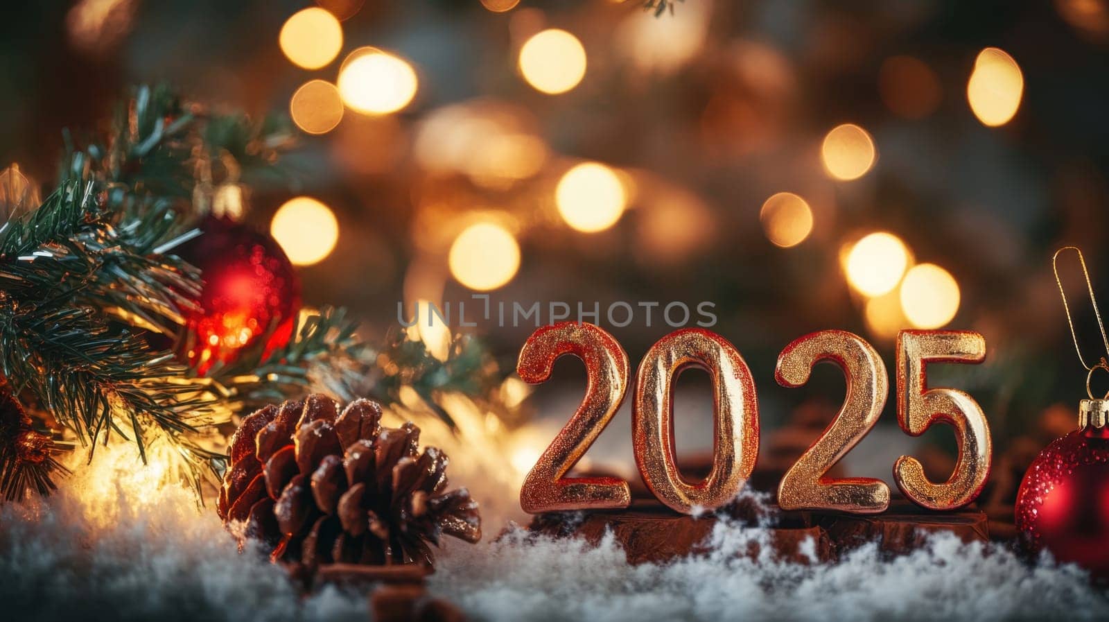 Colorful ornaments and sparkling lights create a joyful atmosphere as the year 2025 is celebrated with festive decorations.