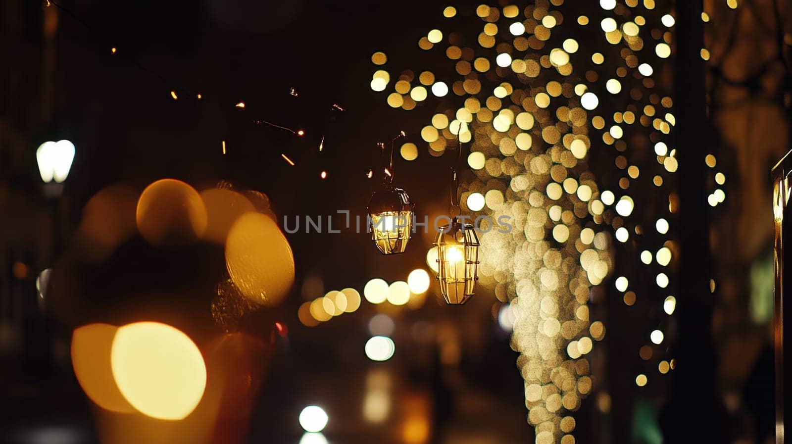 Warm lanterns hang above a vibrant street surrounded by twinkling lights creating a cozy and inviting atmosphere during evening festivities.