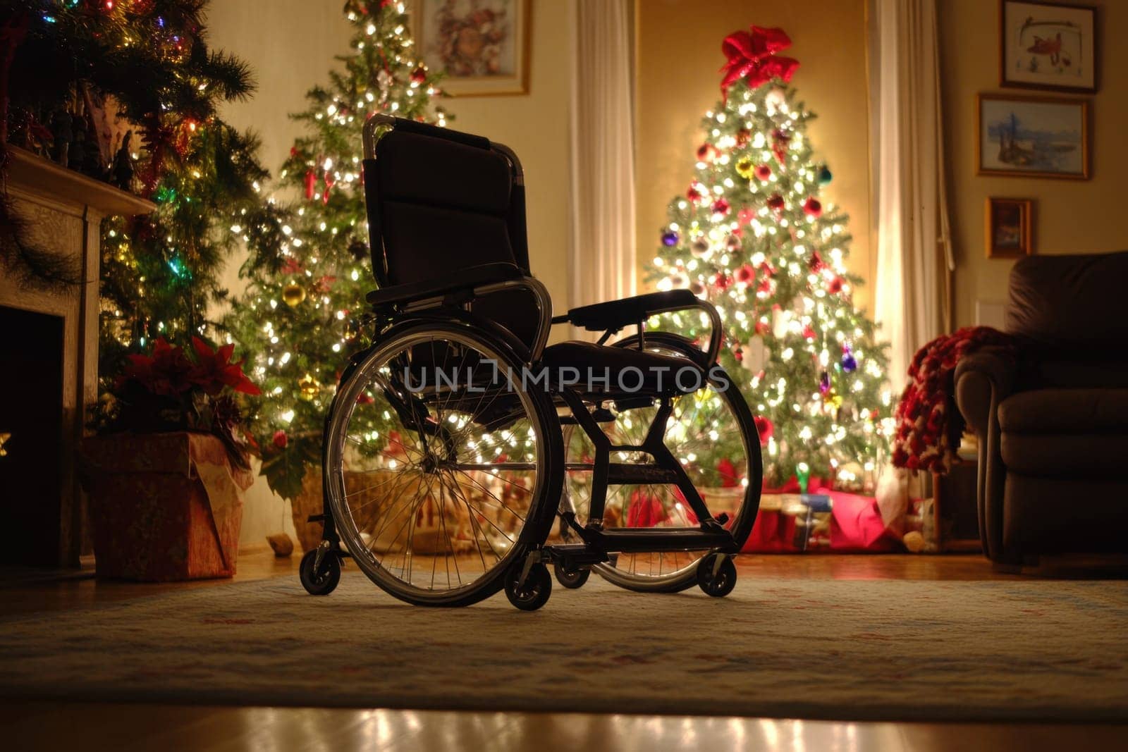 A wheelchair sits alone in a cozy warmly lit room adorned with Christmas trees and twinkling lights creating a festive atmosphere.