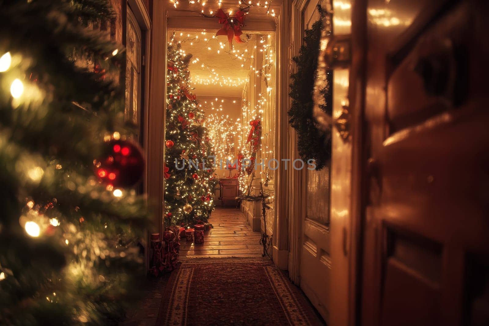 A beautifully decorated hallway features glowing Christmas trees and twinkling lights creating a warm and inviting holiday atmosphere.