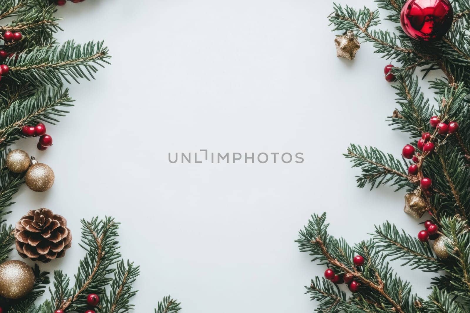 Greenery with ornaments and pine cones frames a blank area perfect for holiday greetings or messages during the festive season.