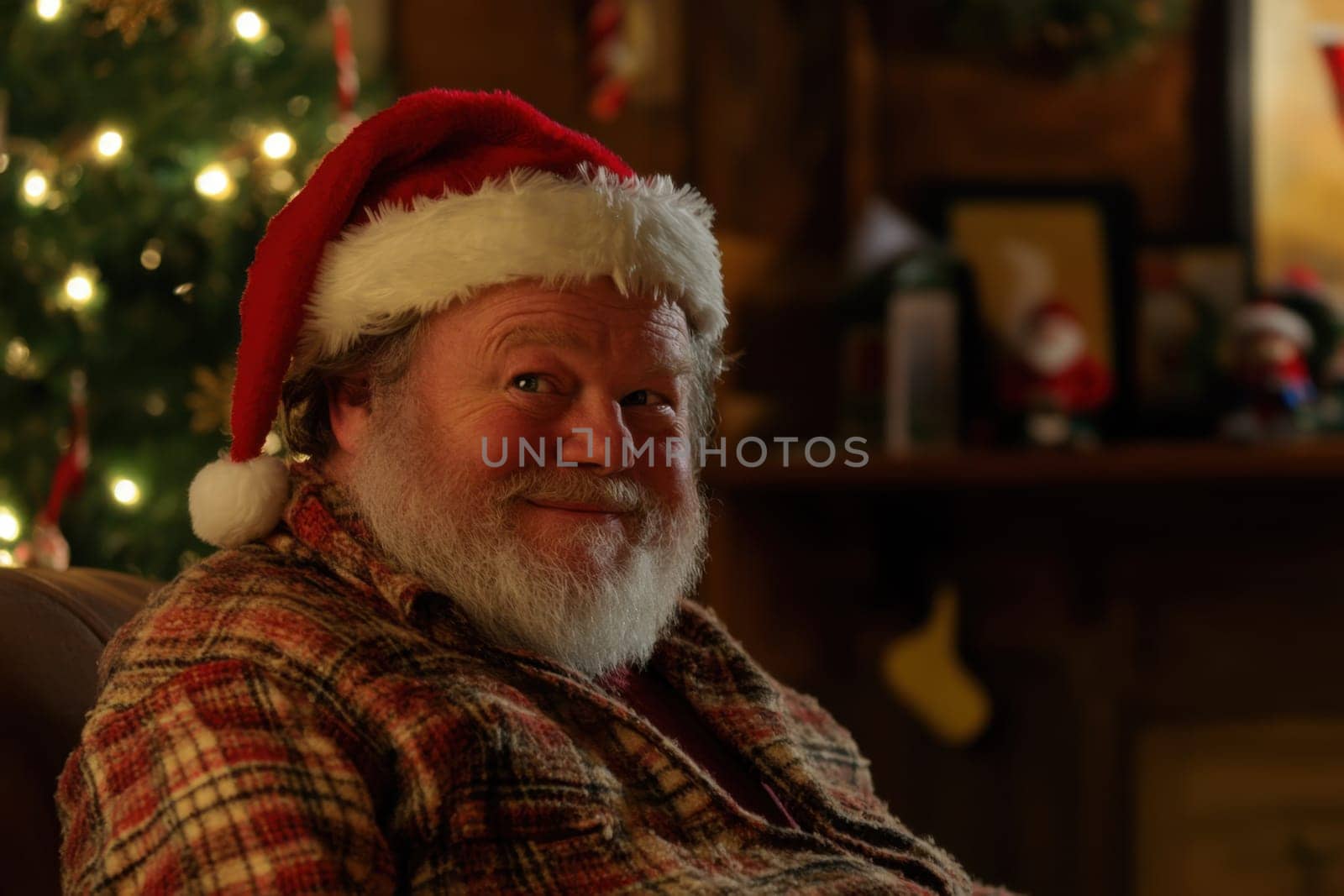 A joyful man wearing a Santa hat relaxes amidst festive decorations embodying the spirit of Christmas cheer and warmth.