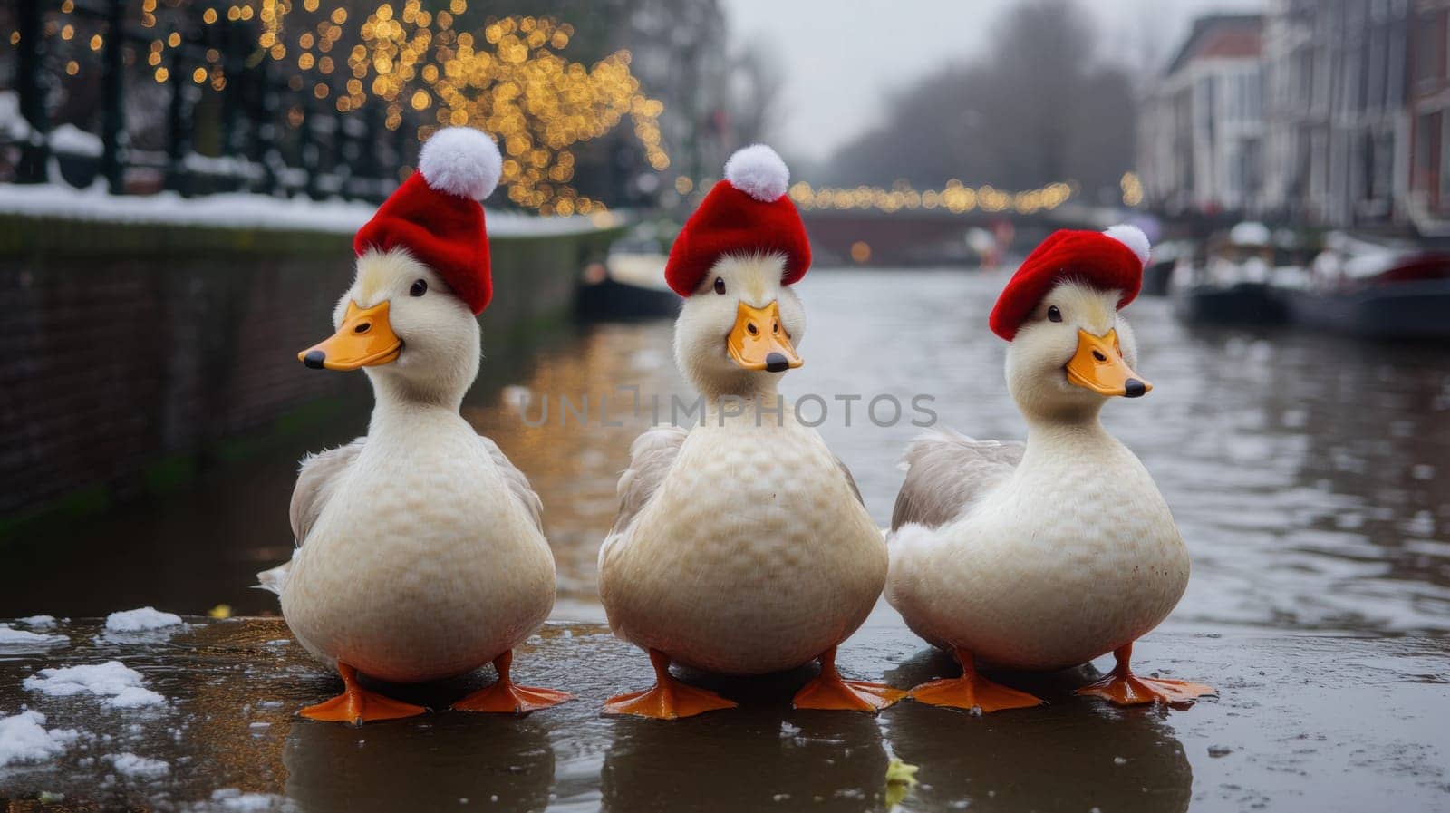 Three ducks stand together by the canal wearing cheerful red hats with white pom poms surrounded by winter lights.