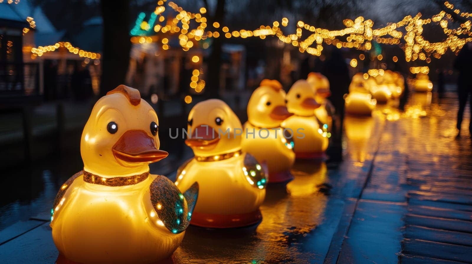 A row of glowing rubber ducks brightens a walkway surrounded by twinkling lights during a festive evening event.