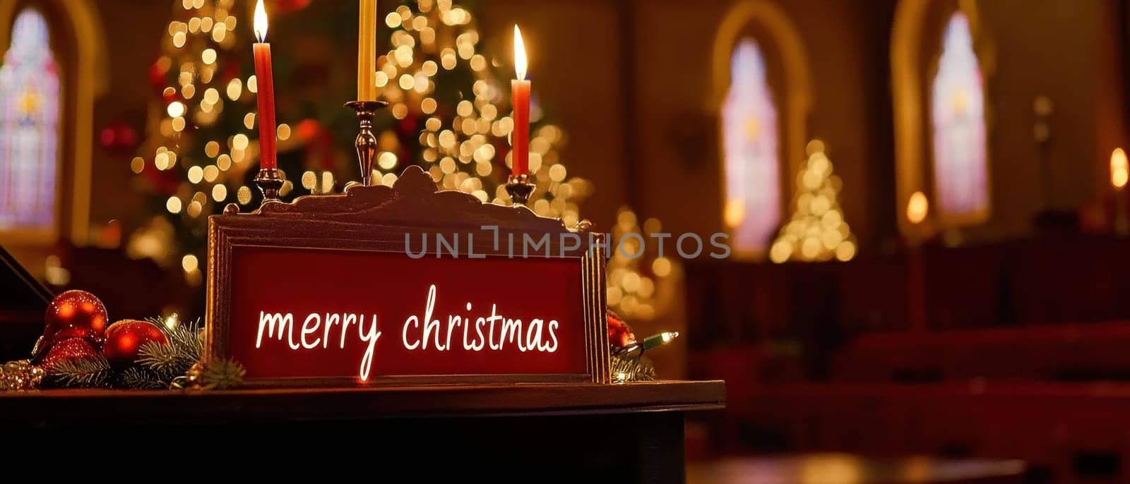 A beautiful display featuring a Merry Christmas sign surrounded by candles ornaments and decorated trees in a cozy setting.