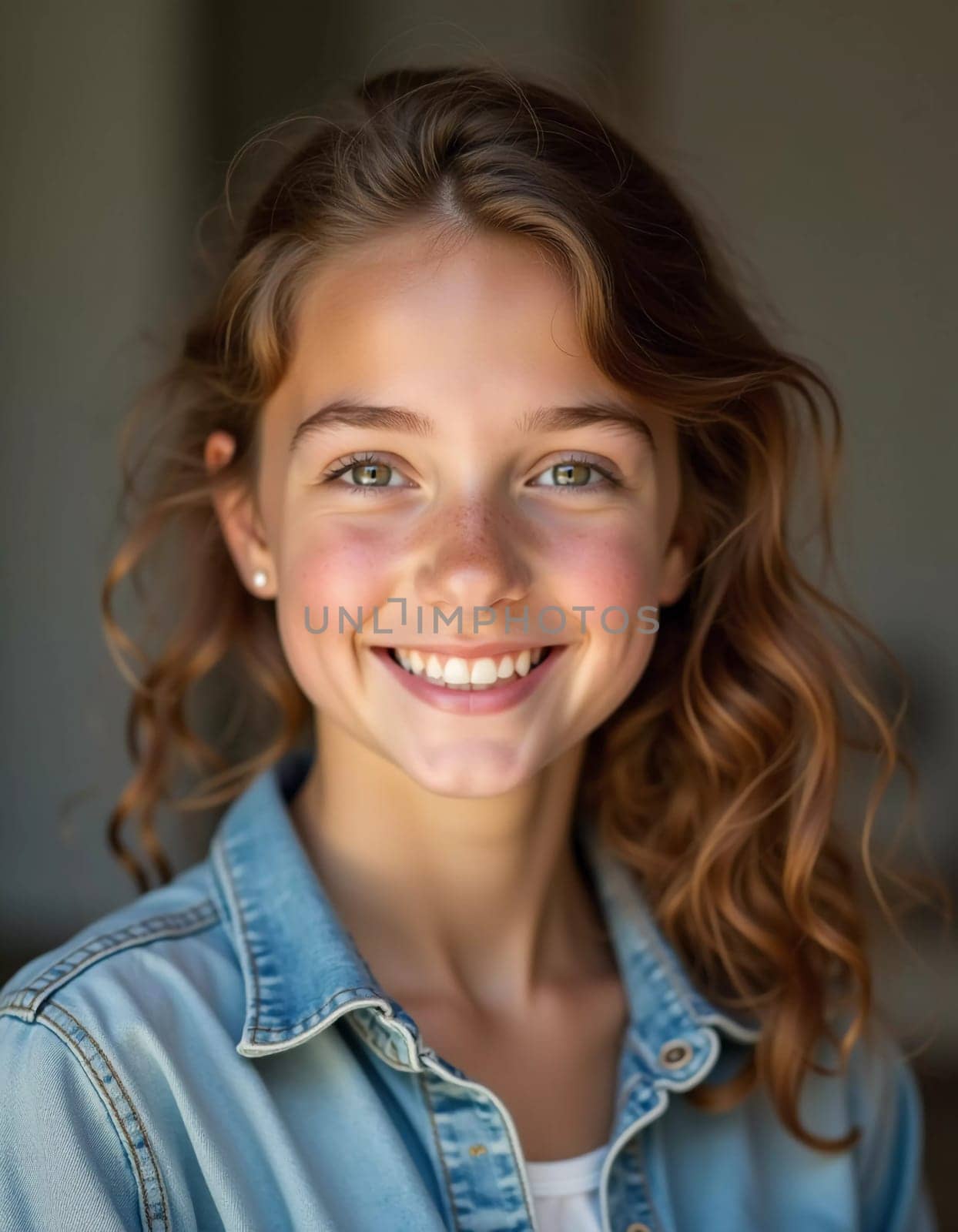 A young Caucasian girl with beautiful eyes and wavy hair stands smiling softly. Her playful demeanor shines through as she poses in a cozy indoor setting in France. Generative AI.