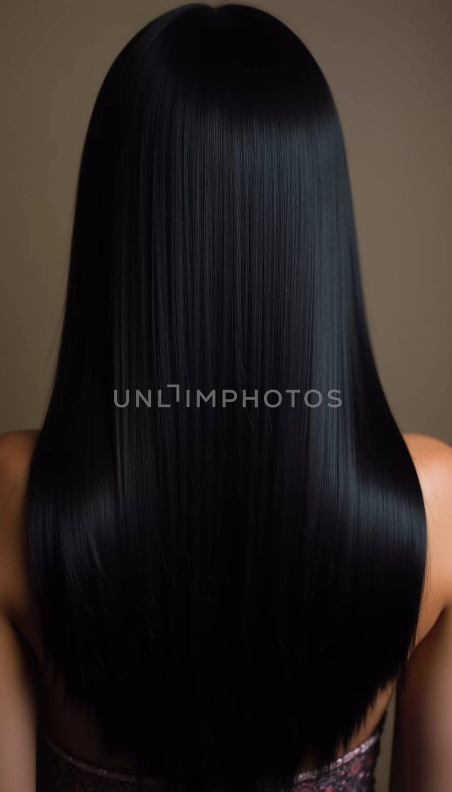 Smooth, straight black hair flows elegantly down back, highlighting its healthy shine and uniform color, illuminated by soft lighting, creating striking look. Hair care, the effect of cosmetics. AI.