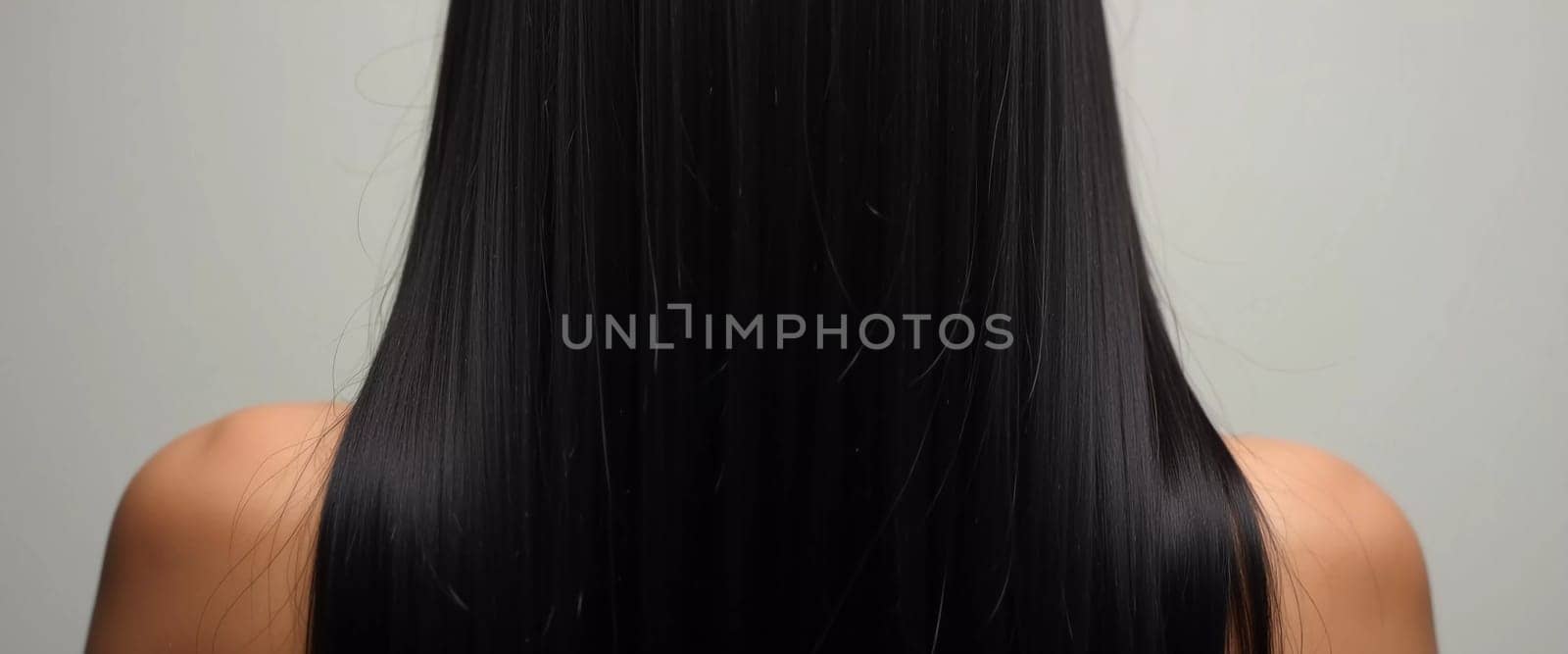Smooth, straight black hair flows elegantly down back, highlighting its healthy shine and uniform color, illuminated by soft lighting, creating striking look. Hair care, the effect of cosmetics. AI.