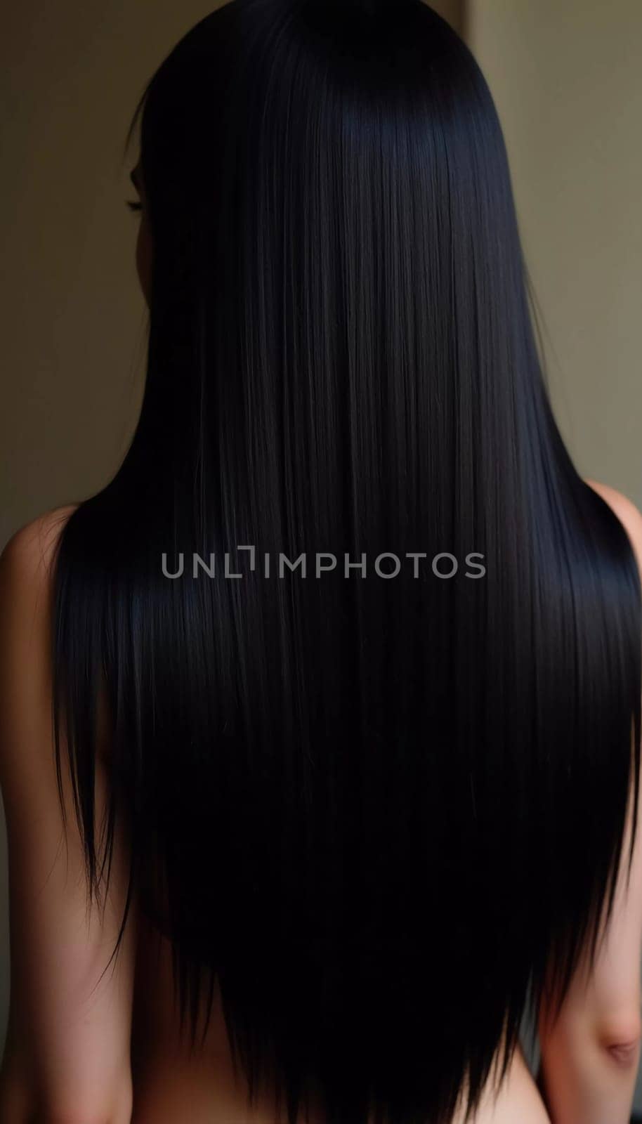 Smooth, straight black hair flows elegantly down back, highlighting its healthy shine and uniform color, illuminated by soft lighting, creating striking look. Hair care, the effect of cosmetics. AI.