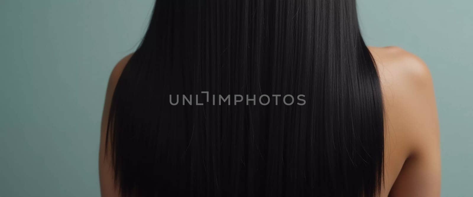 Smooth, straight black hair flows elegantly down back, highlighting its healthy shine and uniform color, illuminated by soft lighting, creating striking look. Hair care, the effect of cosmetics. AI.