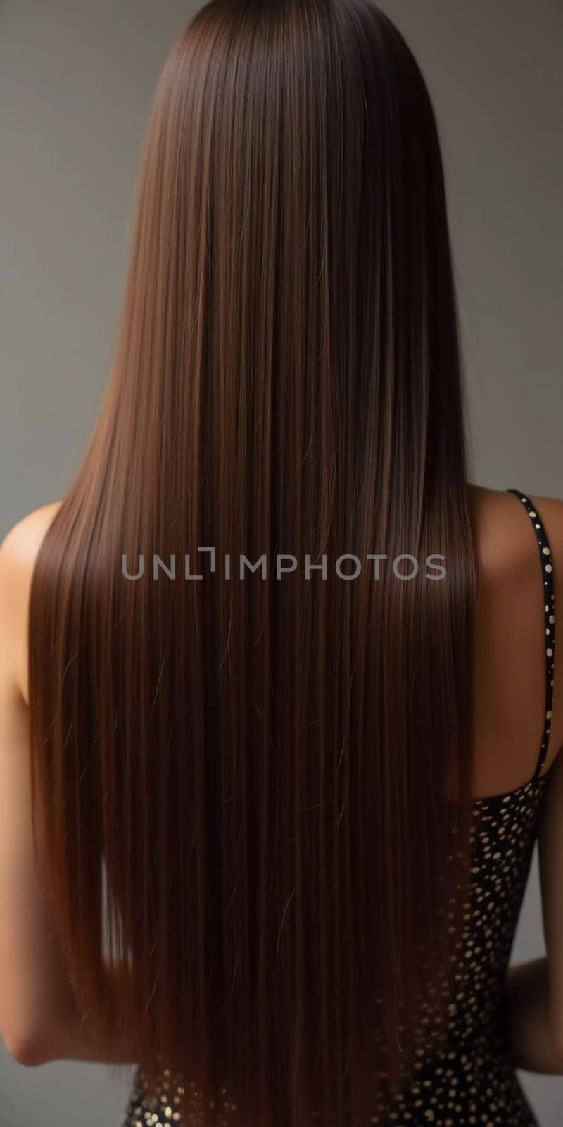 Smooth, straight brown hair flows elegantly down back, highlighting its healthy shine and uniform color, illuminated by soft lighting, creating striking look. Hair care, the effect of cosmetics. AI.