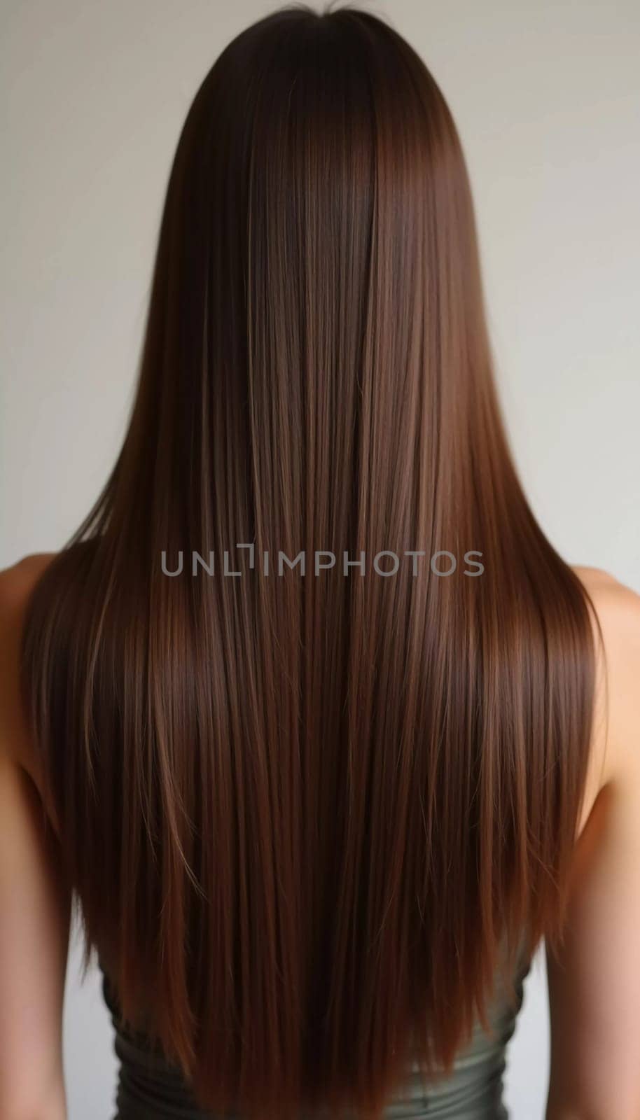 Smooth, straight brown hair flows elegantly down back, highlighting its healthy shine and uniform color, illuminated by soft lighting, creating striking look. Hair care, the effect of cosmetics. AI.