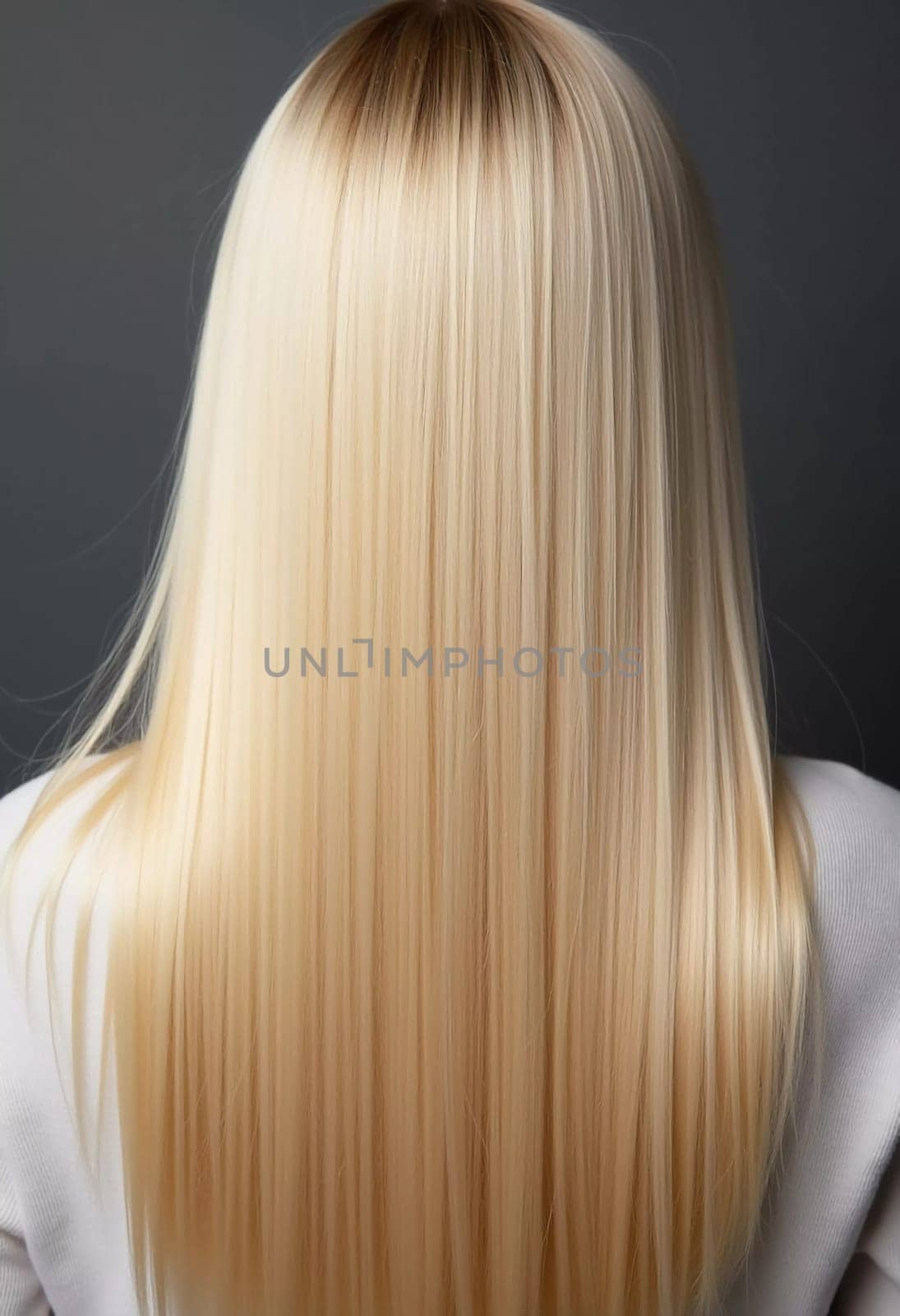 Smooth, straight blond hair flows elegantly down back, highlighting its healthy shine and uniform color, illuminated by soft lighting, creating striking look. Hair care, the effect of cosmetics. AI.