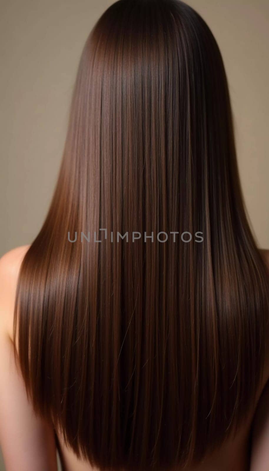 Smooth, straight brown hair flows elegantly down back, highlighting its healthy shine and uniform color, illuminated by soft lighting, creating striking look. Hair care, the effect of cosmetics. AI.