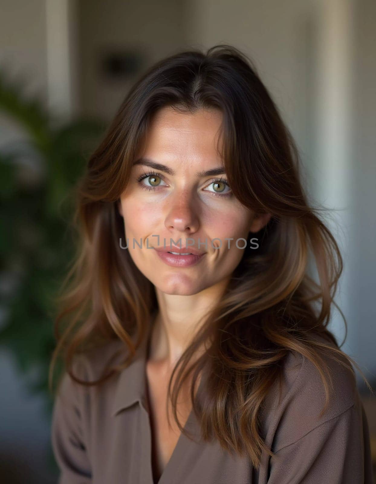 A French Caucasian beautiful young resident woman with wavy hair shares a genuine smile while standing indoors, illuminated by natural light, creating an inviting atmosphere. Generative AI.
