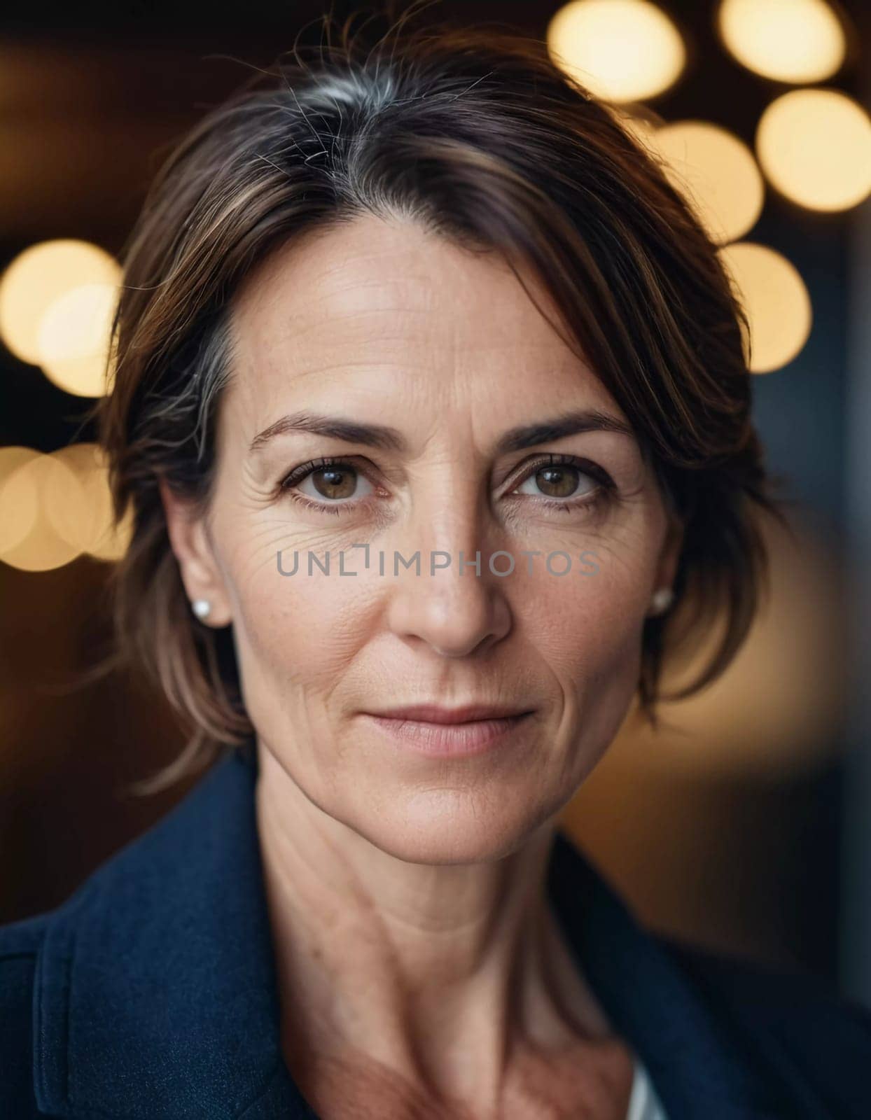 A Caucasian brunette French woman 50 - 60 years old with medium length hair up to shoulders stands in a quaint French street. The scenery embodies a serene and joyful atmosphere. Generative AI.