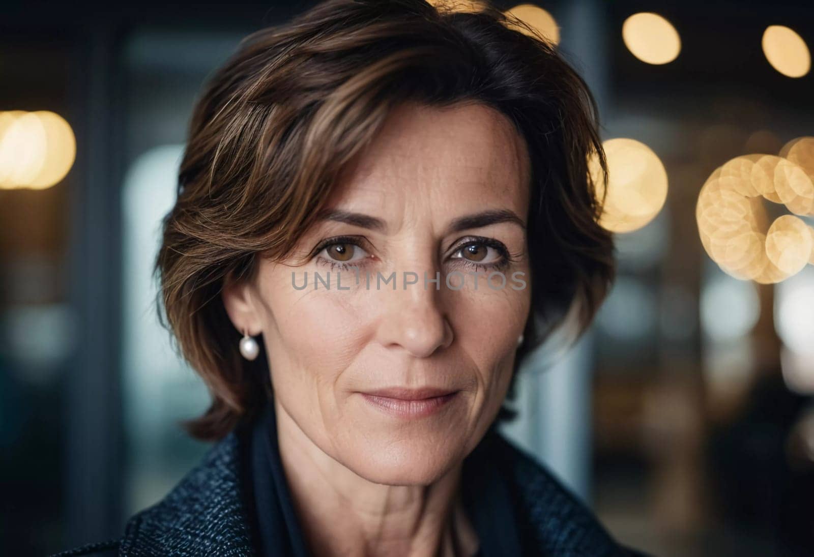 A Caucasian brunette French woman 50 - 60 years old with medium length hair up to shoulders stands in a quaint French street. The scenery embodies a serene and joyful atmosphere. Generative AI.