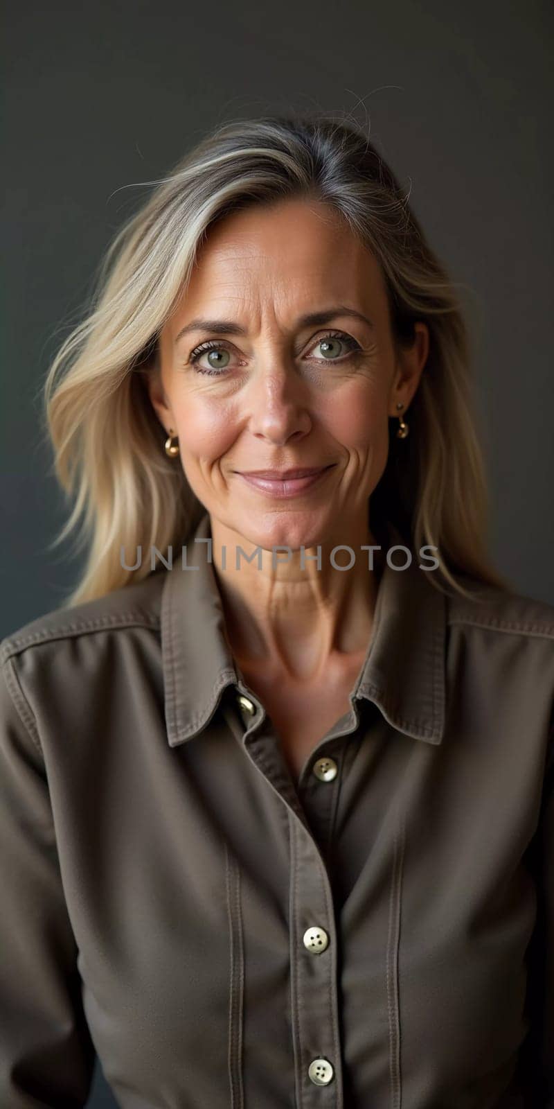A French Caucasian woman 50 - 60 years old with loose hair and a warm smile stands in her home, radiating tranquility and confidence while dressed casually. Generative AI.