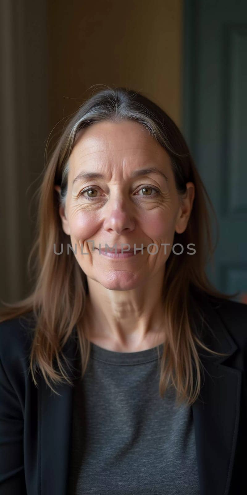 A French Caucasian woman 50 - 60 years old with loose hair and a warm smile stands in her home, radiating tranquility and confidence while dressed casually. Generative AI.