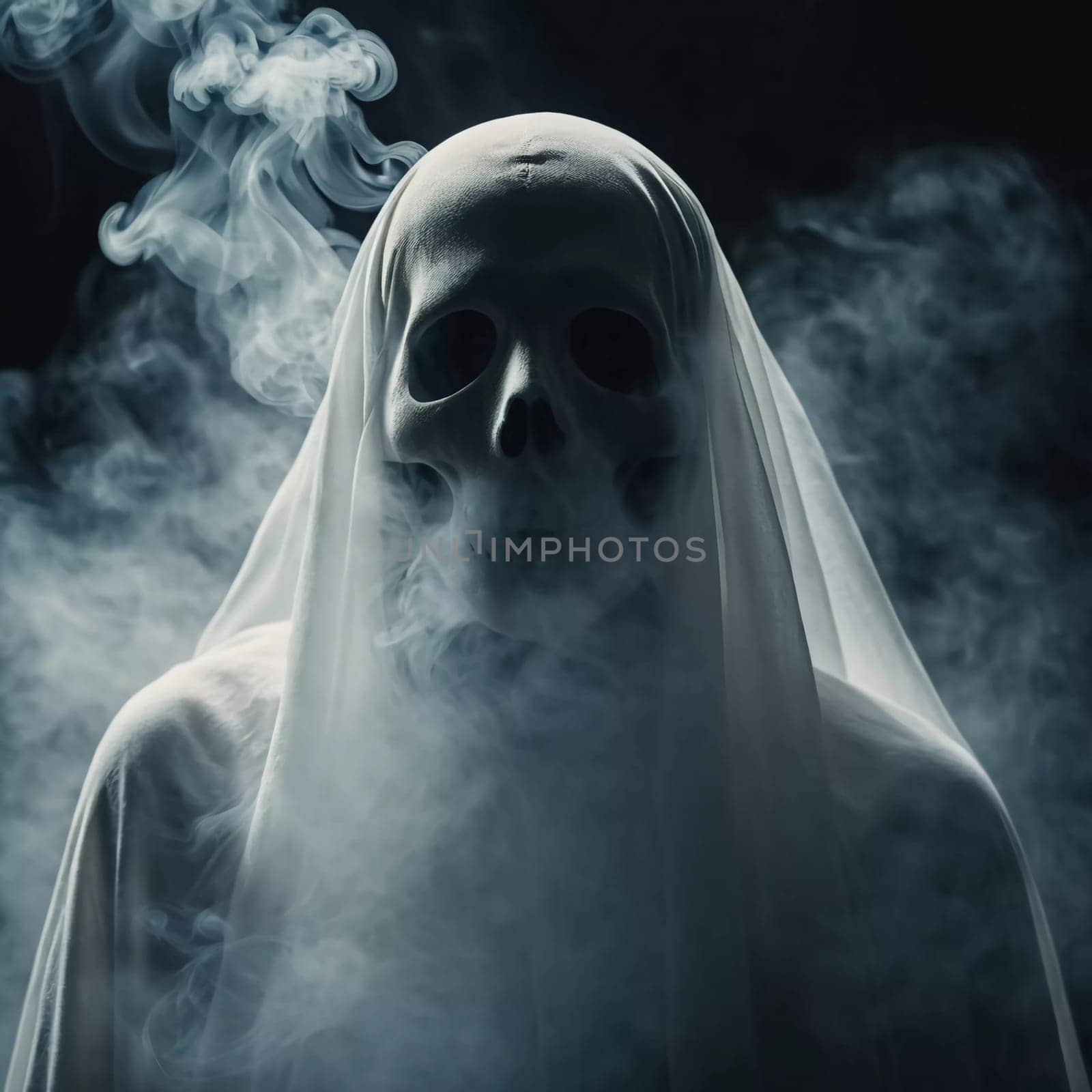 Ghostly figure looms in the dark. Swirling mist. Eerie atmosphere. Ghost drapes a flowing, translucent gown that blends into the fog, creating an unsettling visual. Feeling of fear and mystery. AI.
