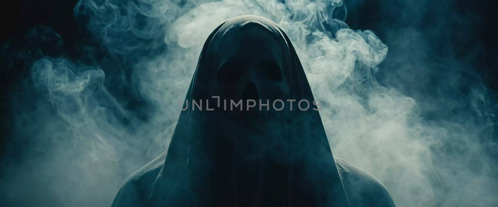 Ghostly figure looms in the dark. Swirling mist. Eerie atmosphere. Ghost drapes a flowing, translucent gown that blends into the fog, creating an unsettling visual. Feeling of fear and mystery. AI.