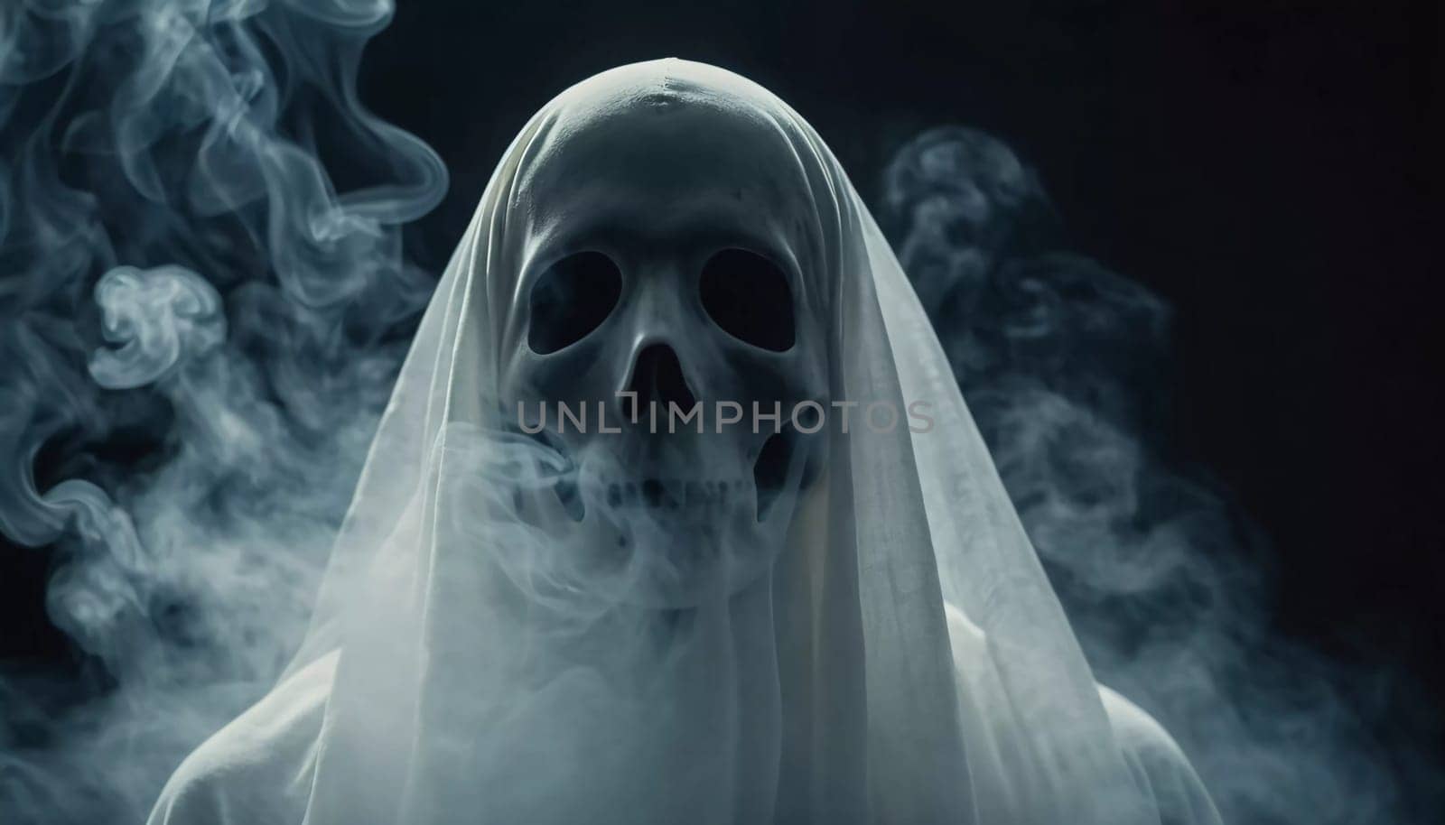 Ghostly figure looms in the dark. Swirling mist. Eerie atmosphere. Ghost drapes a flowing, translucent gown that blends into the fog, creating an unsettling visual. Feeling of fear and mystery. AI.