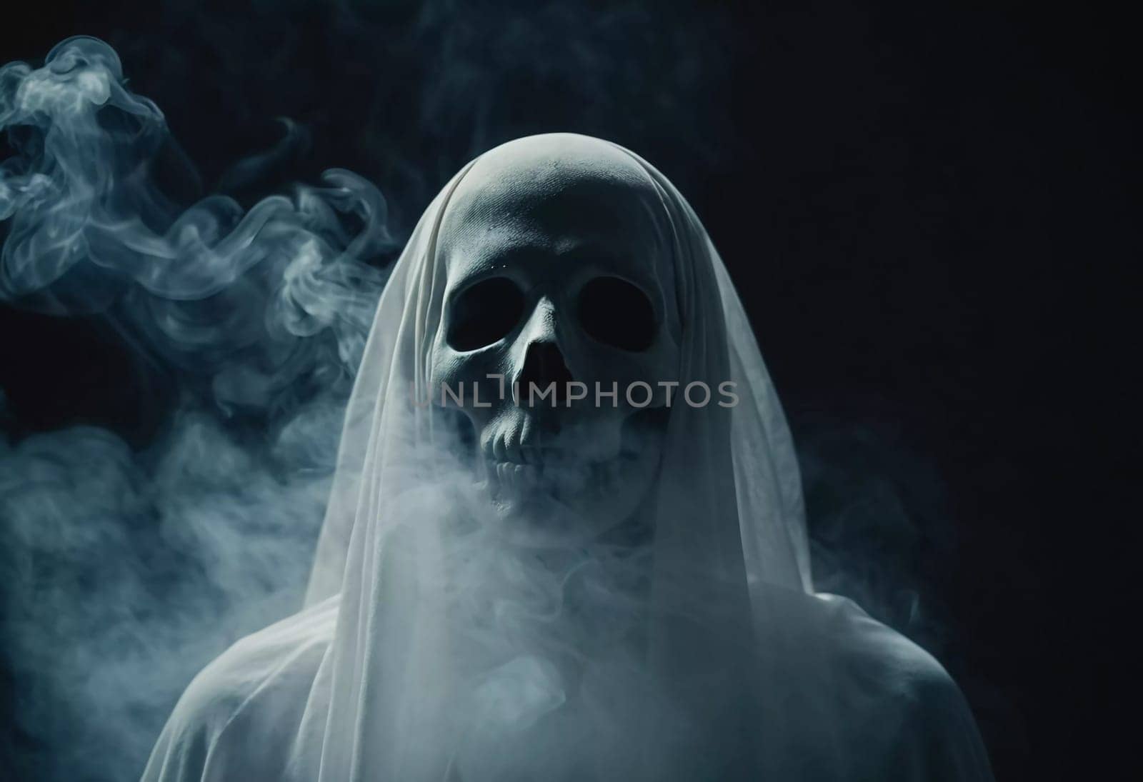 Ghostly figure looms in the dark. Swirling mist. Eerie atmosphere. Ghost drapes a flowing, translucent gown that blends into the fog, creating an unsettling visual. Feeling of fear and mystery. AI.