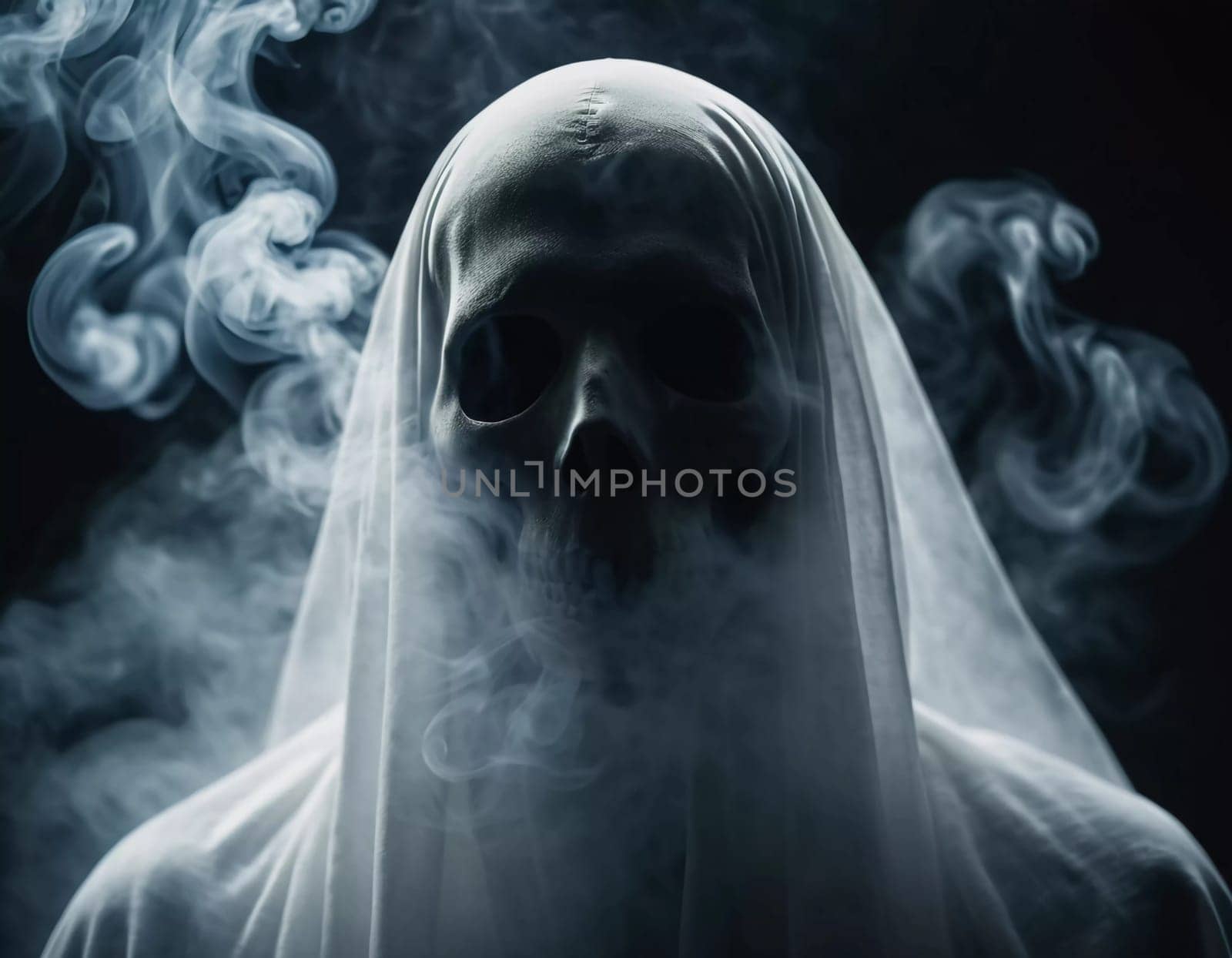 Ghostly figure looms in the dark. Swirling mist. Eerie atmosphere. Ghost drapes a flowing, translucent gown that blends into the fog, creating an unsettling visual. Feeling of fear and mystery. AI.