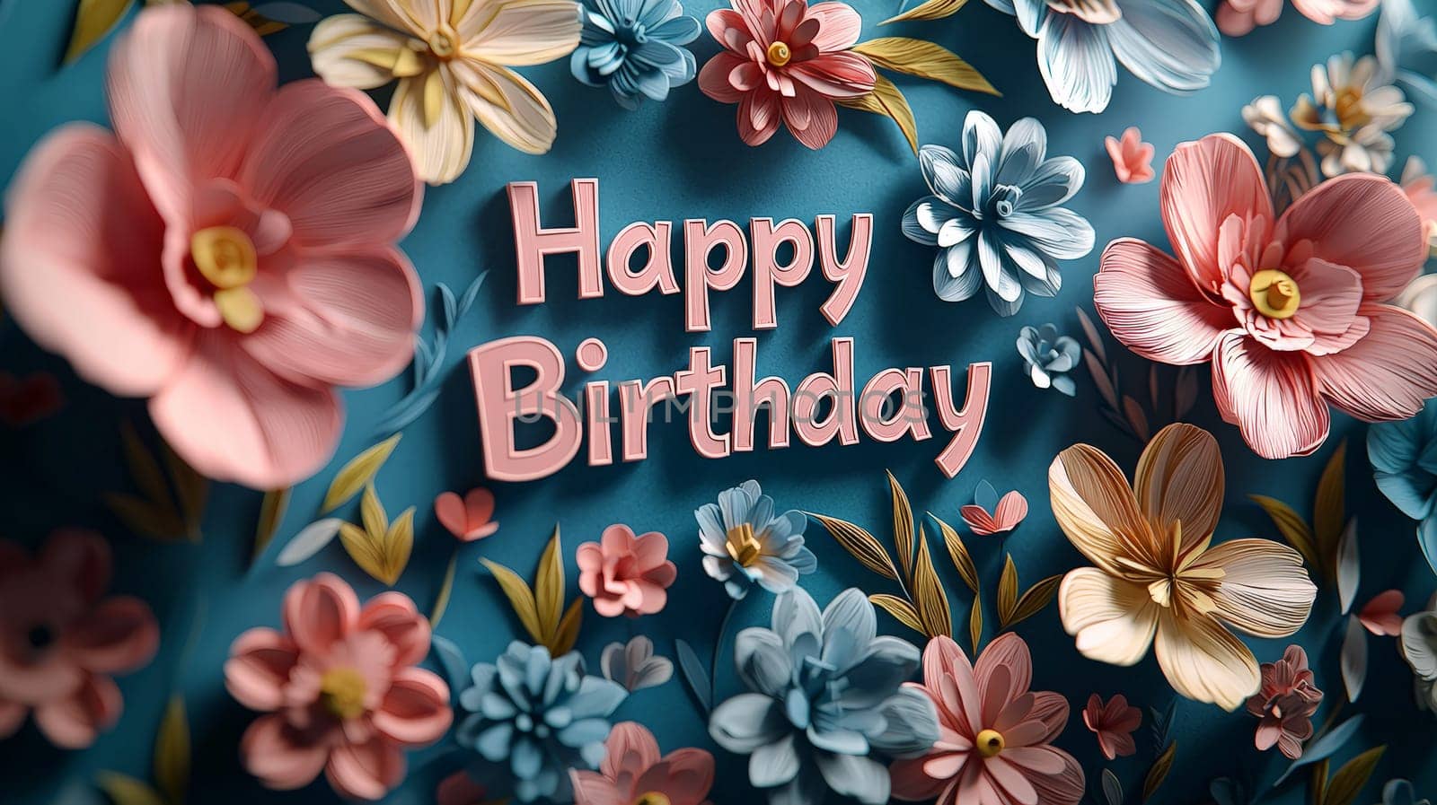 A charming 3D "Happy Birthday"" design featuring vibrant, delicate papercut flowers in powerful hues. The playful combination of bold text and intricate floral elements creates a joyful, whimsical atmosphere perfect for celebrating a special day. This design is filled with festive energy and a lively, artistic flair."