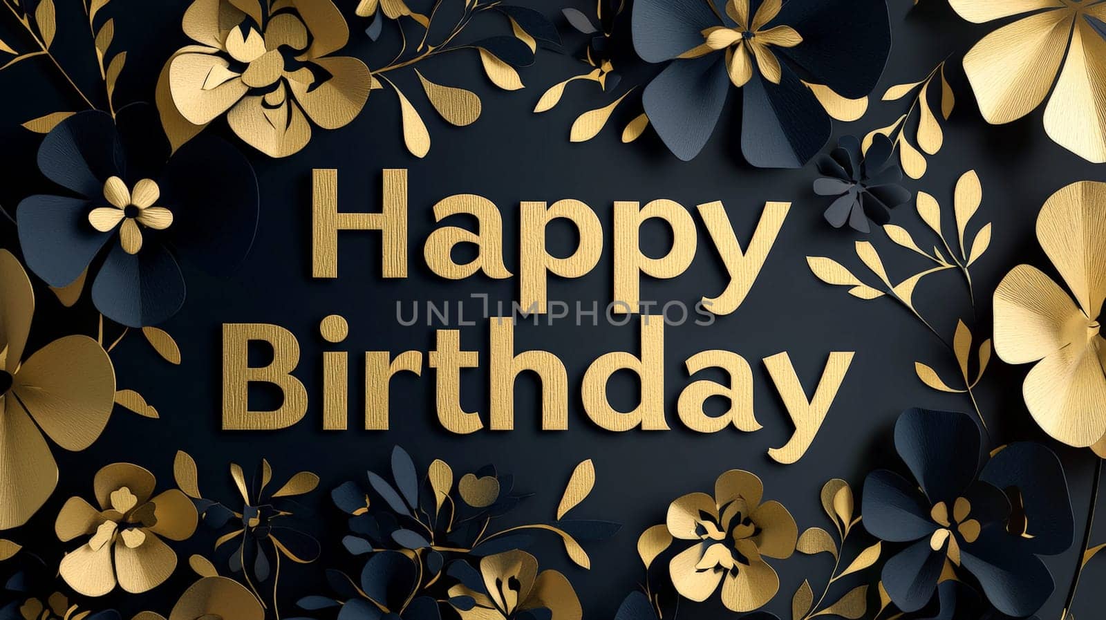 A stunning 3D "Happy Birthday"" design featuring delicate papercut flowers in luxurious gold and bold black. The vibrant text paired with intricate floral elements creates a whimsical and joyful expression, perfect for celebrating a special occasion with a touch of elegance and sophistication."