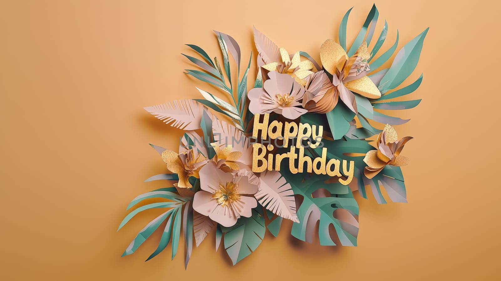 A charming 3D "Happy Birthday"" design adorned with delicate papercut flowers in rich gold and green tones. The vibrant text and intricate floral elements create a whimsical and joyful celebration, perfect for marking a special day with style and elegance."