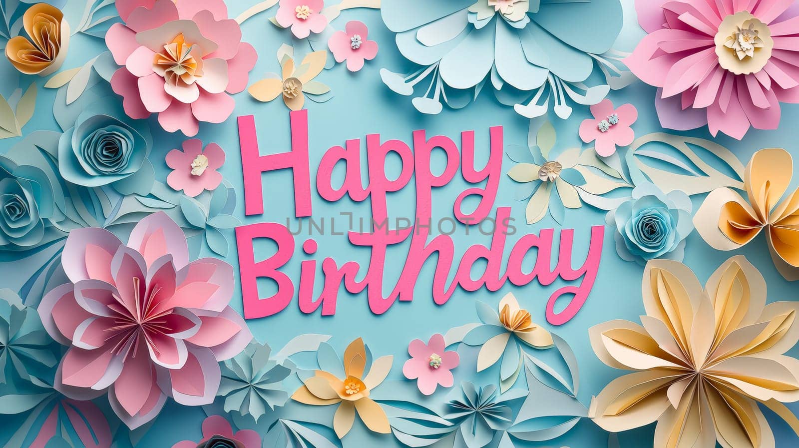 A charming 3D "Happy Birthday"" design featuring vibrant, delicate papercut flowers in powerful hues. The playful combination of bold text and intricate floral elements creates a joyful, whimsical atmosphere perfect for celebrating a special day. This design is filled with festive energy and a lively, artistic flair."