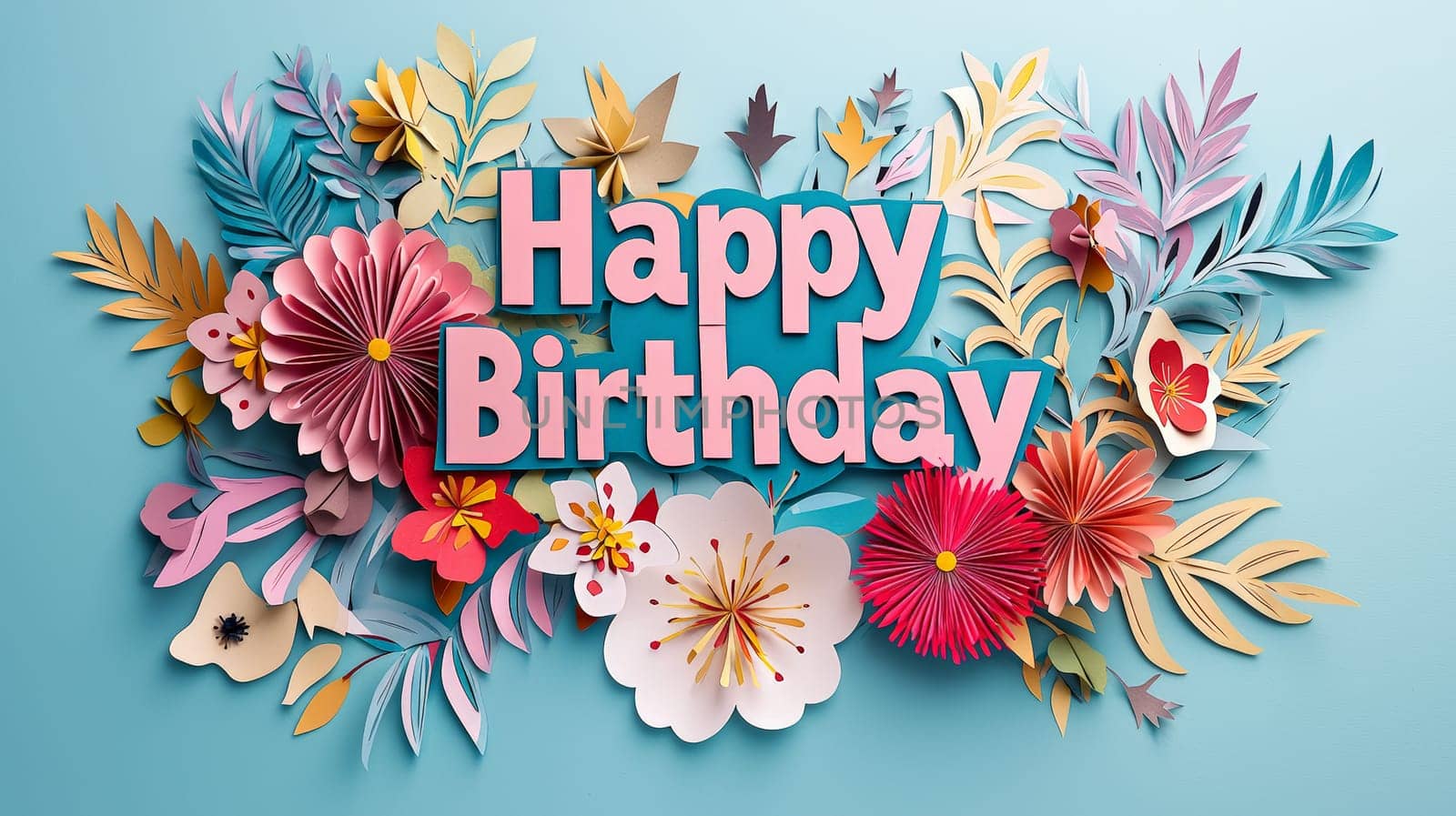 A charming 3D "Happy Birthday"" design featuring vibrant, delicate papercut flowers in powerful hues. The playful combination of bold text and intricate floral elements creates a joyful, whimsical atmosphere perfect for celebrating a special day. This design is filled with festive energy and a lively, artistic flair."