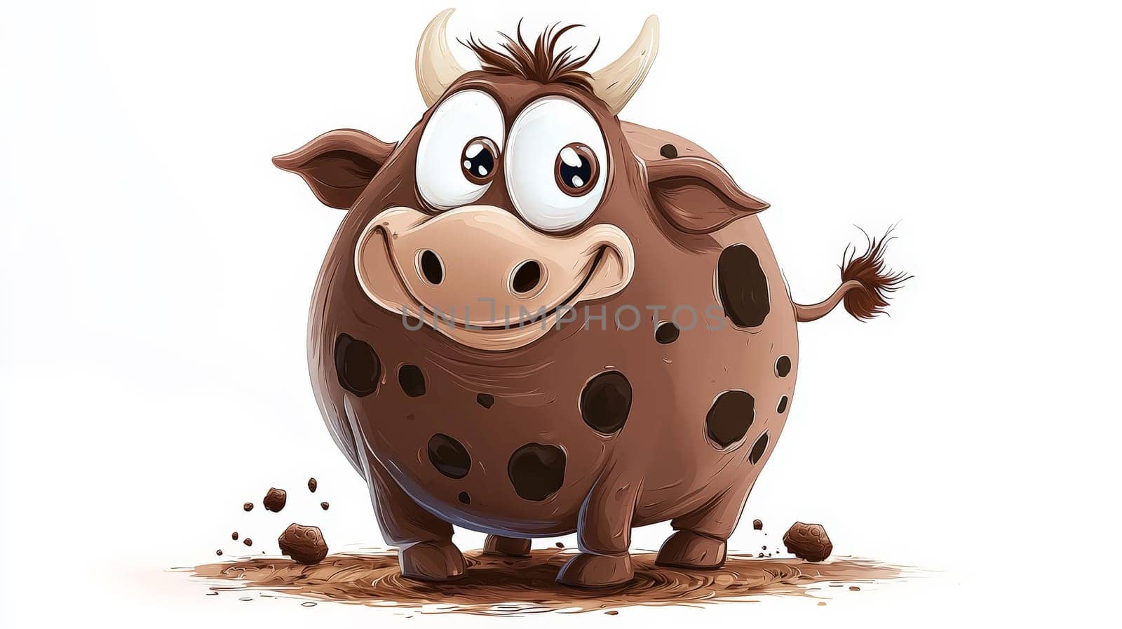 A cute, cartoon-style cow dung character with big, expressive eyes, a mischievous grin, and tiny arms and legs. The character stands out on a white background, making it perfect for kids' content. The comic style and playful expression add charm and humor to the whimsical design.