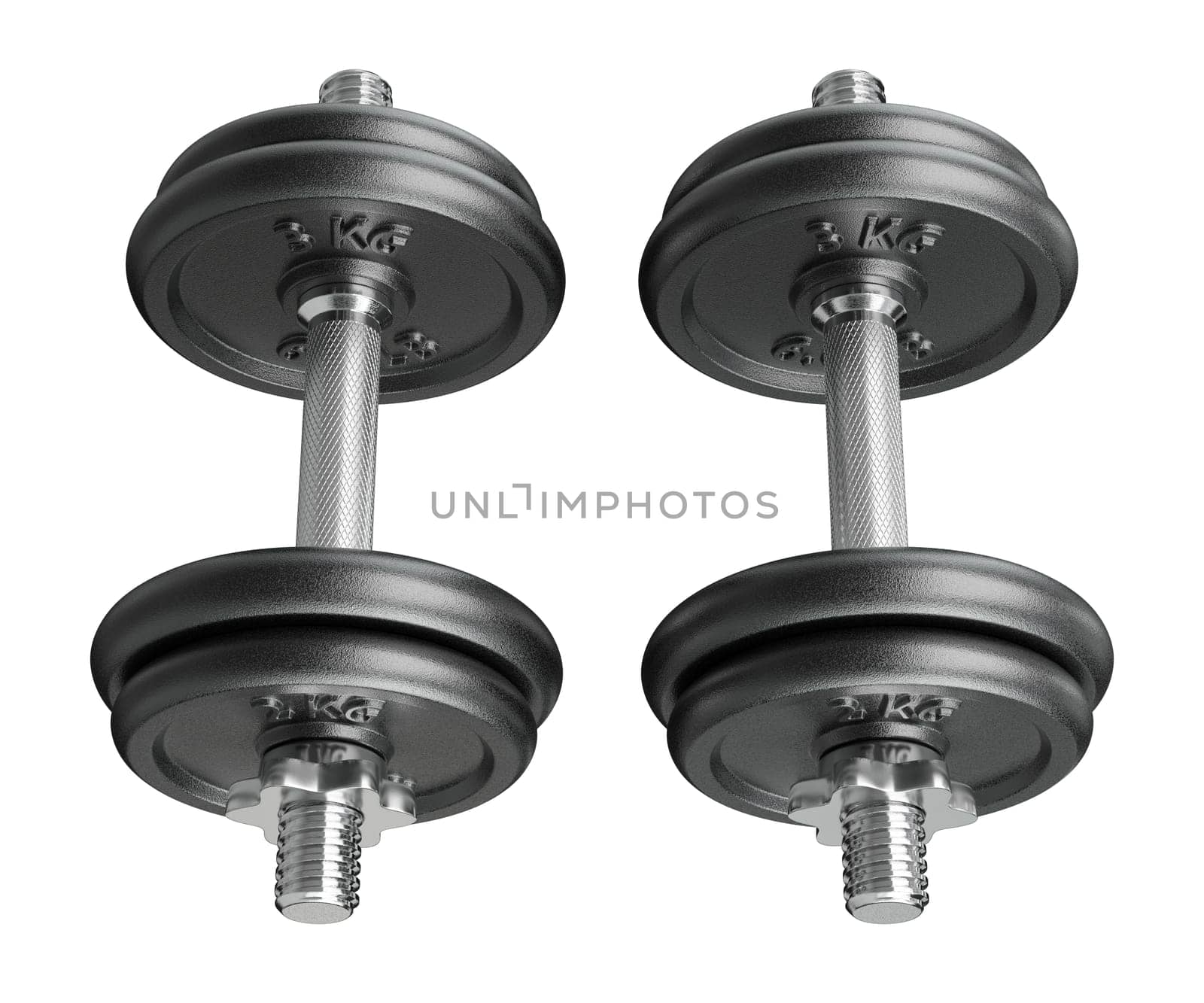 Cast Iron Black Adjustable Dumbbells, weightlifting gym equipment, side view, isolated on white background. 3D illustration