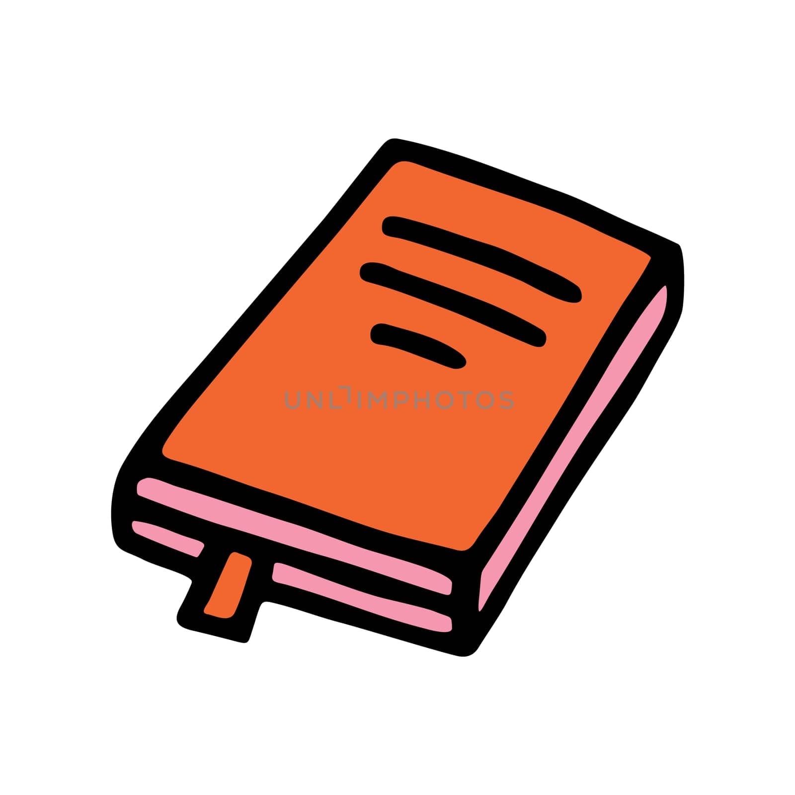 Doodle book or notebook icon with bookmark, handdrawn with pen. Knowledge and education symbol painted in grunge freehand style. Vector illustration isolated on white background