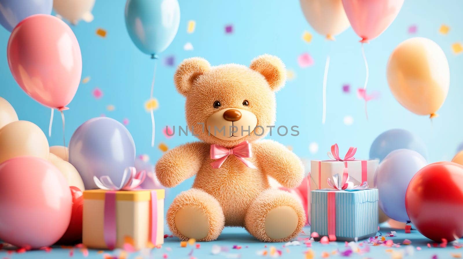 Birthday decorations - plush bear, gift boxes and colorful helium balloons.AI generated