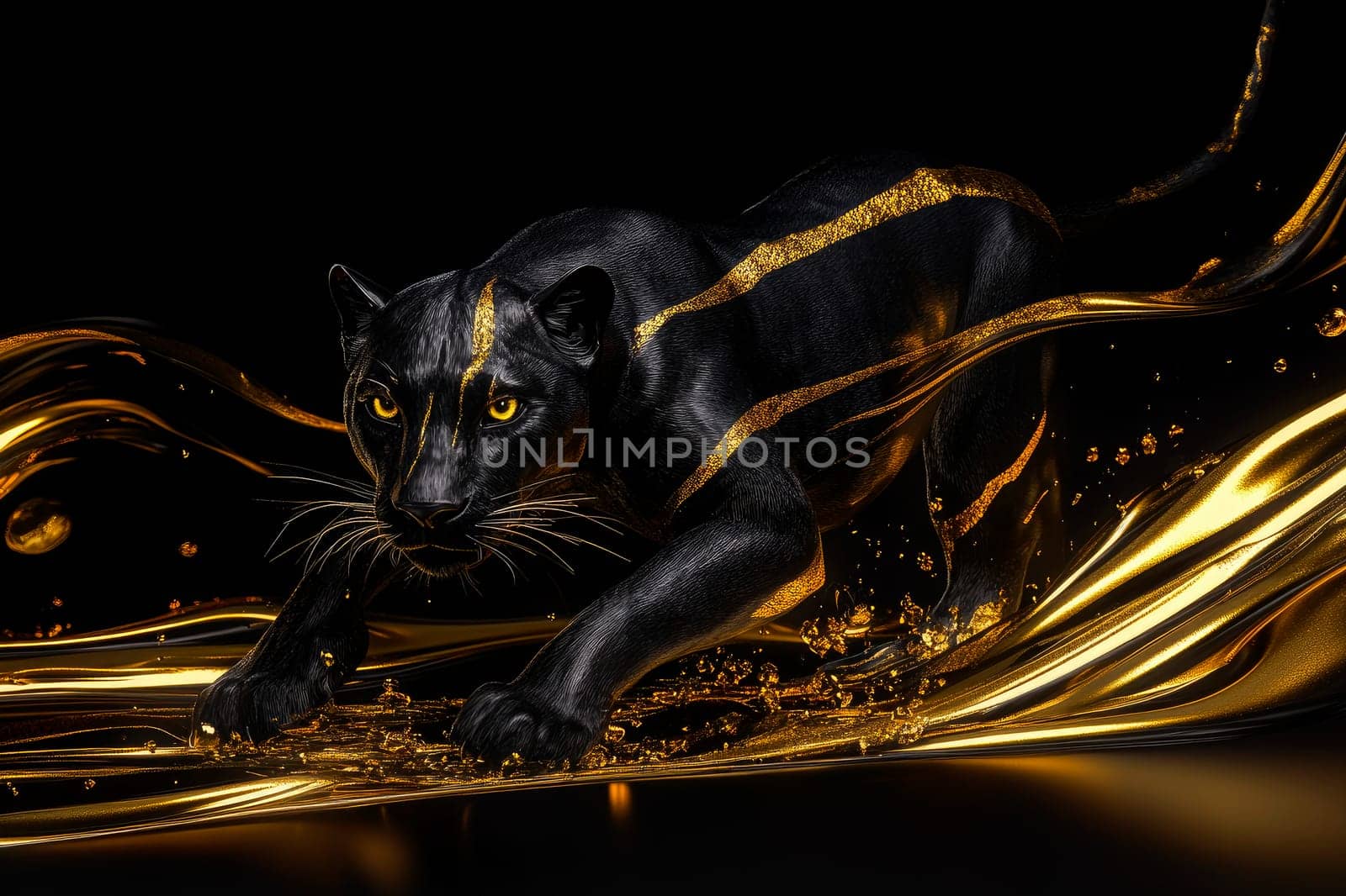 A black panther running on a dark background with liquid gold paint. AI generated