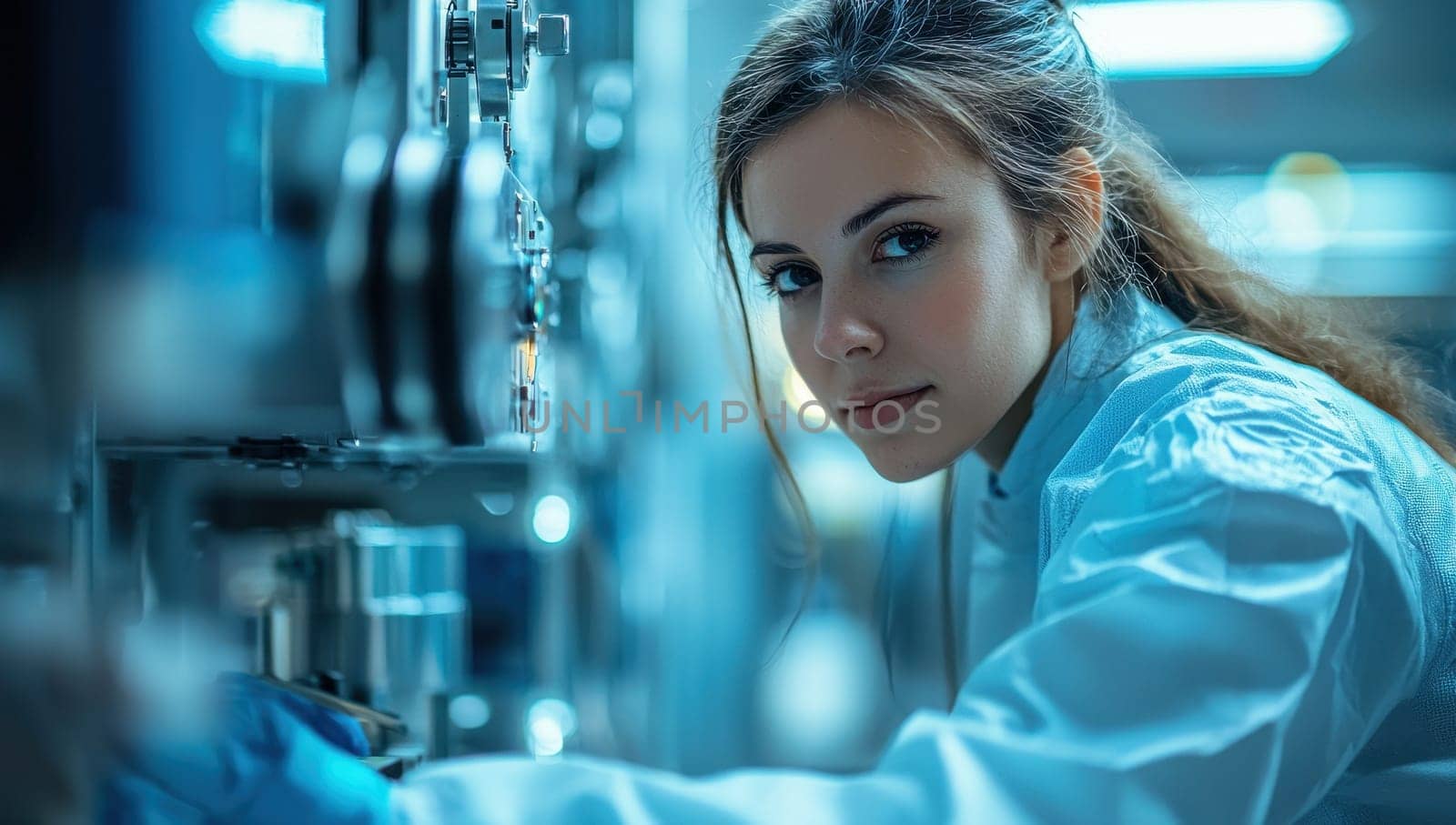 Focused female scientist working with precision machinery in a high tech laboratory. Concept of scientific research, innovation, and technology.