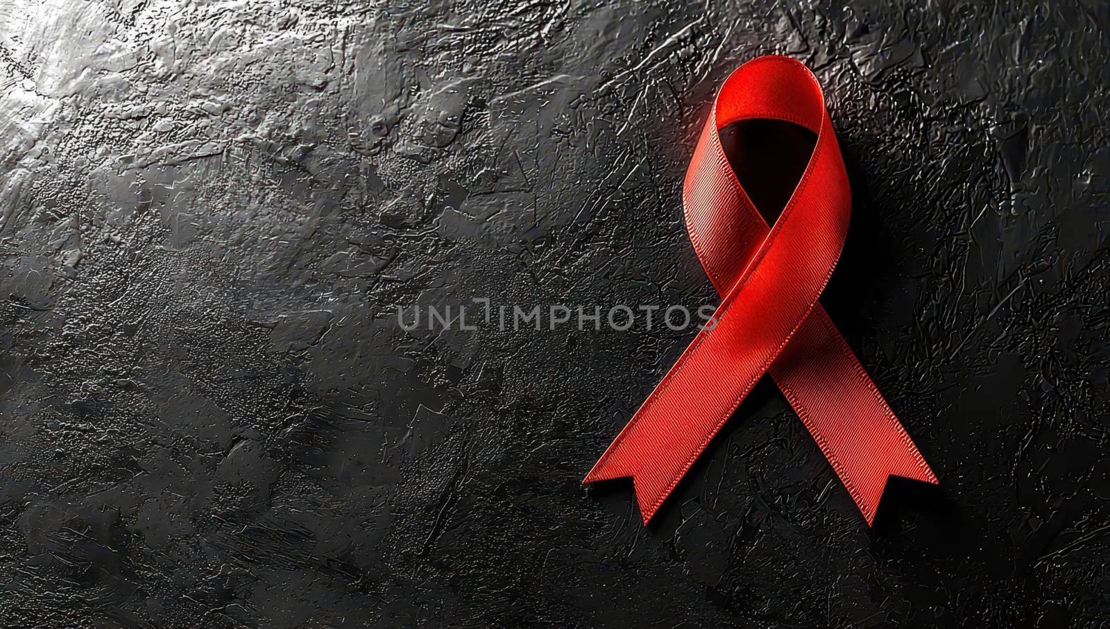 Red ribbon on dark background. Concept of AIDS awareness and support.