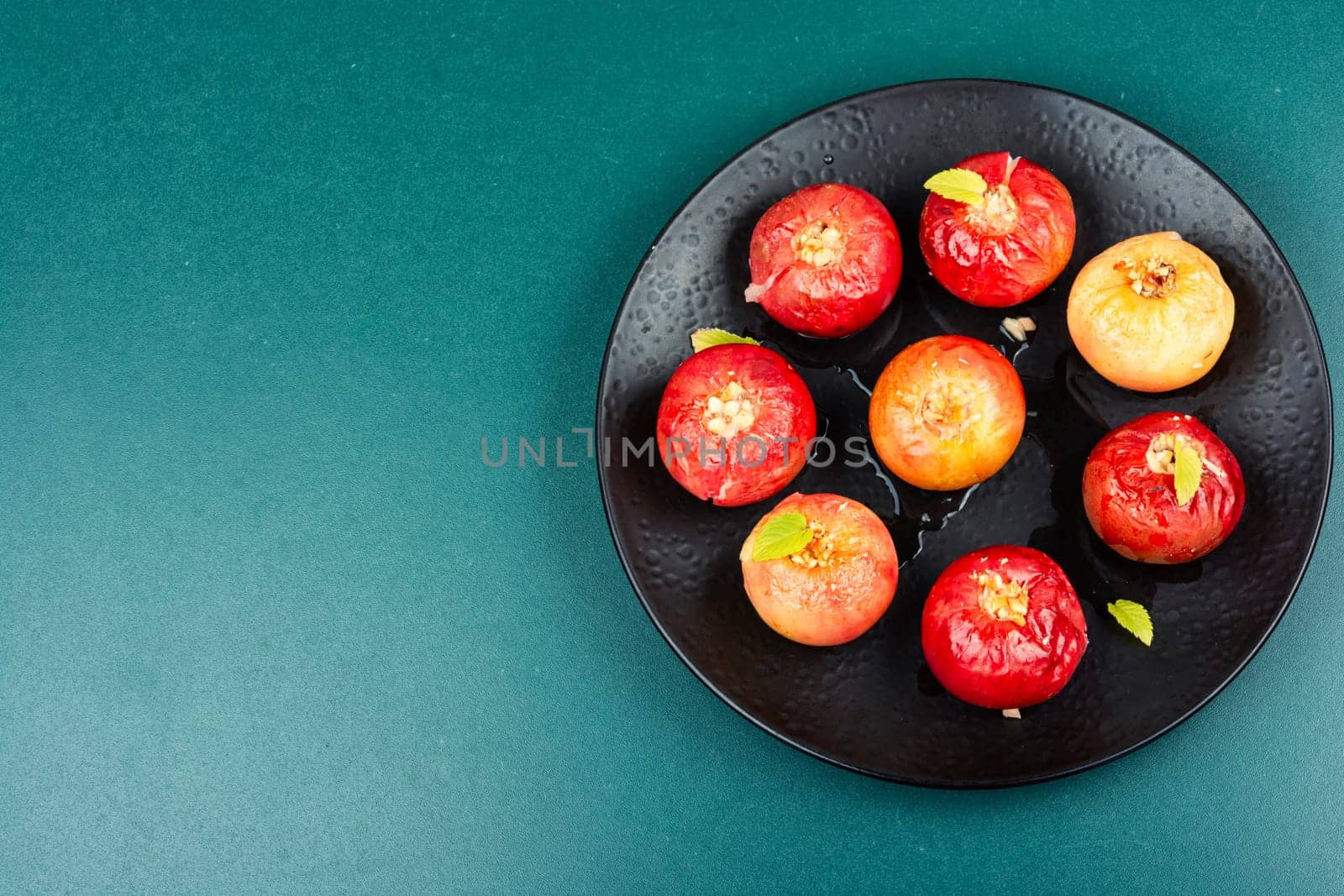 Delicious homemade oven baked apples. Close up.