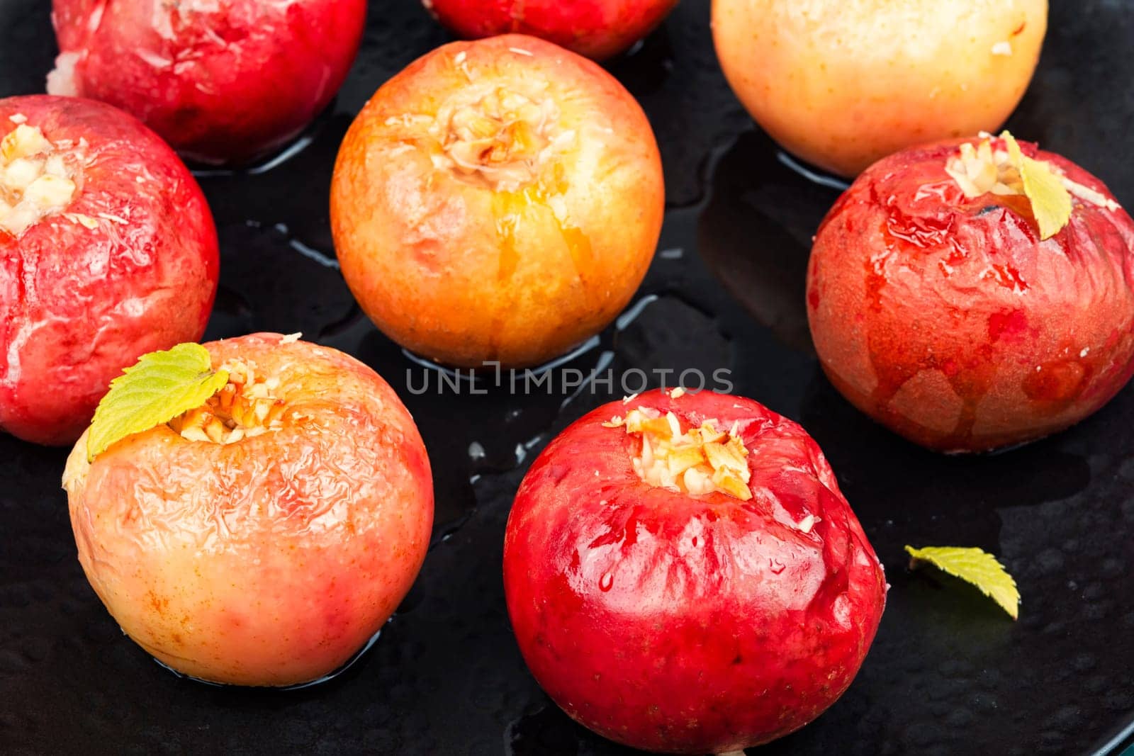 Delicious homemade oven baked apples. Close up.