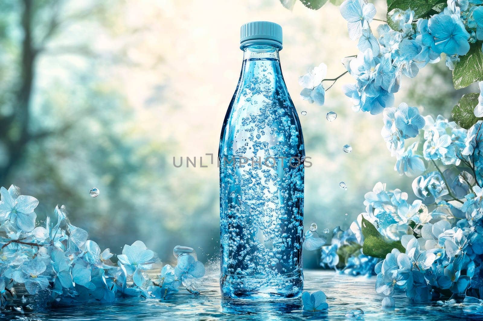 A clear glass bottle filled with sparkling mineral water, decorated by light blue flowers. AI generated