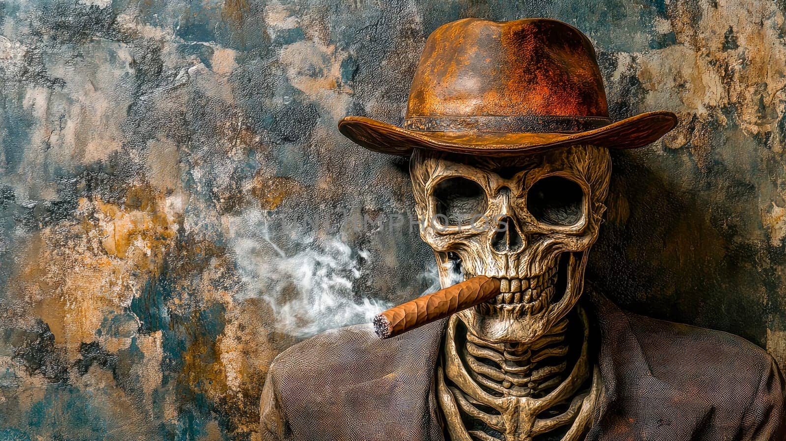Smoking kills, bad habits. Human skeleton smoking a cigar. AI generated