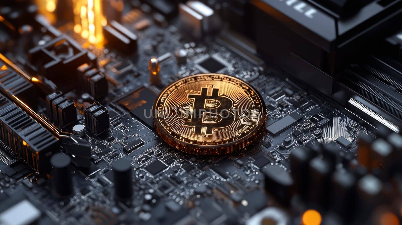 Close up view of golden Bitcoin on computer circuit board. Cryptocurrency business. AI generated