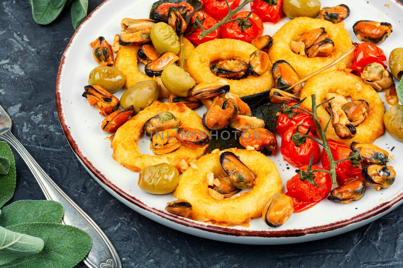 Delicious baked mussels and squid rings with sage. Exotic seafood platter.