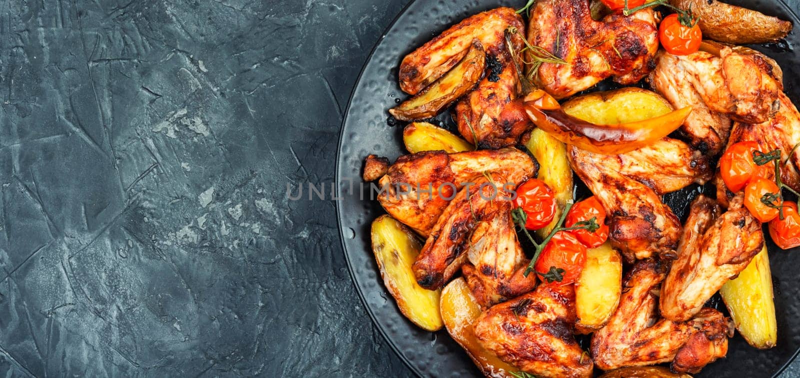 Freshly baked chicken wings with marble potatoes and sage. Space for text.