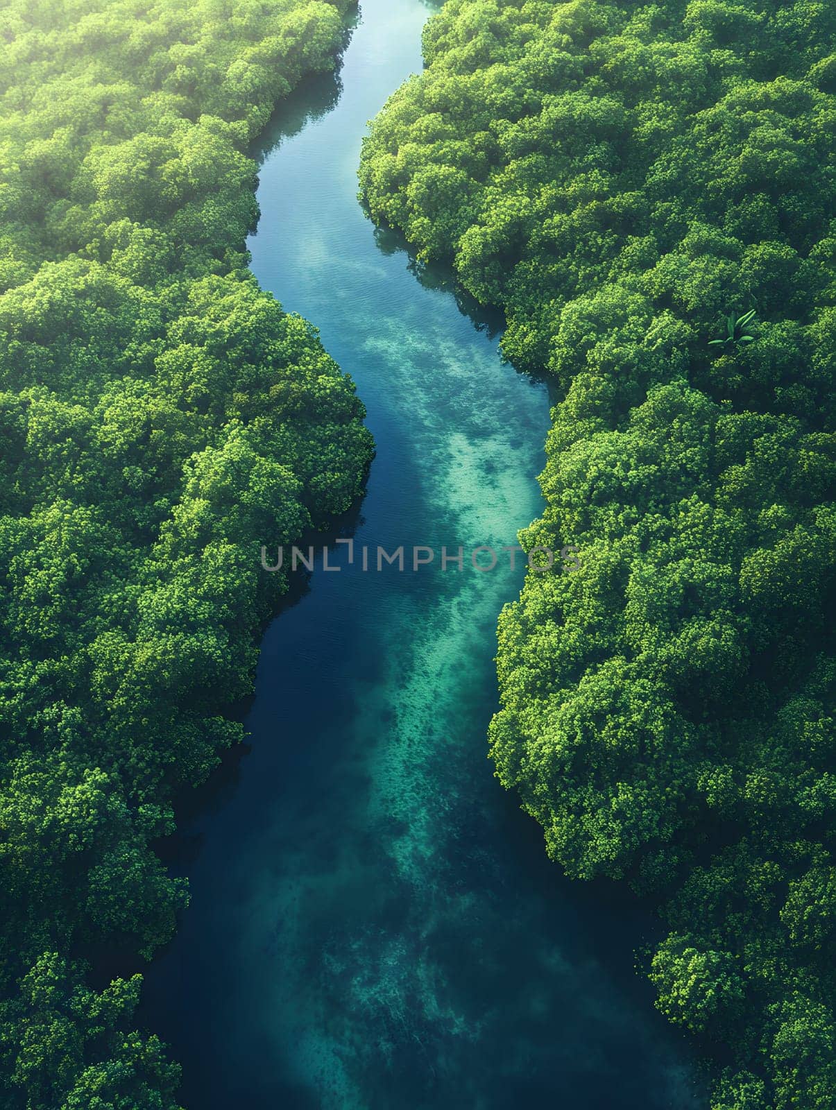 Aerial photography of a summer landscape with a quiet river surrounded by lush green trees, with clear sky reflecting on the water surface. Suitable for advertising for a eco-tourism campaign.
