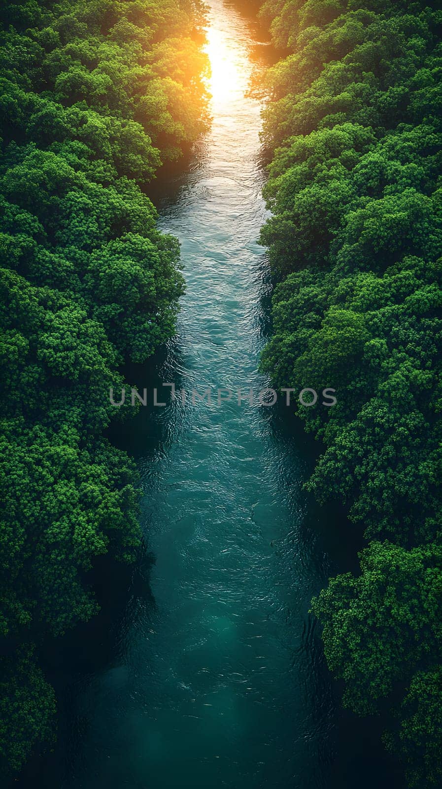Aerial photography of a summer landscape with a quiet river surrounded by lush green trees, with clear sky reflecting on the water surface. Suitable for advertising for a eco-tourism campaign.